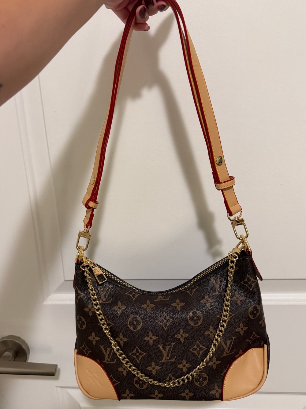 Faux Monogram Shoulder Bag with Red-Trimmed Strap